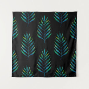 Green watercolor palm leaves on a black background tapestry