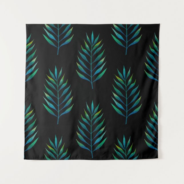 Green watercolor palm leaves on a black background tapestry (Front)