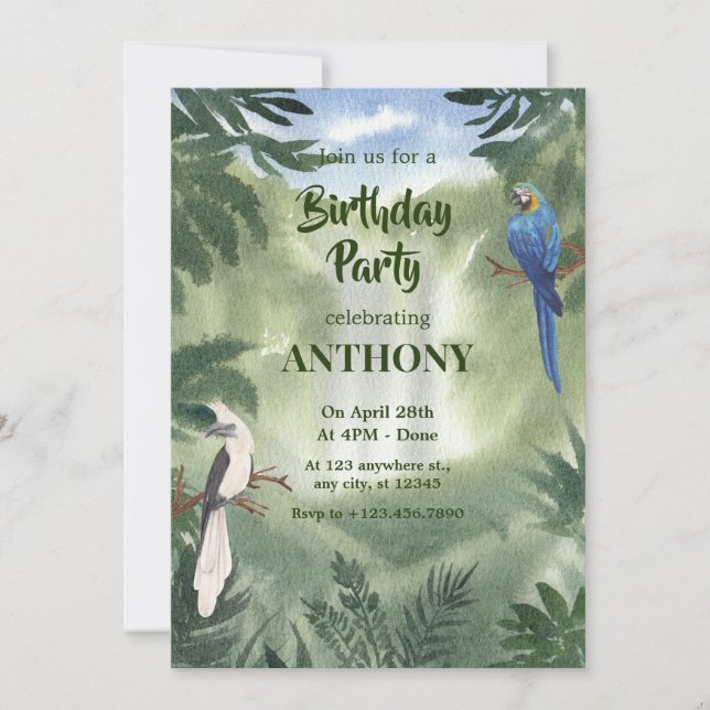 Green Watercolor Parrot Forest jungle birthday Invitation (Front)