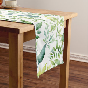 Green watercolor pastel leaves pattern short table runner