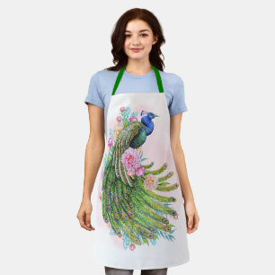 Green Watercolor Peacock Beauty Strap Top Apron