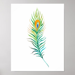 Green watercolor peacock feather poster