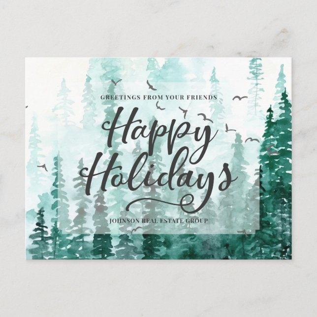 Green Watercolor Pine Trees | Happy Holidays Holiday Postcard (Front)