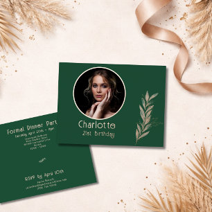 Green Watercolor RoseGold Leaf Photo 21 Birthday Foil Invitation Postcard
