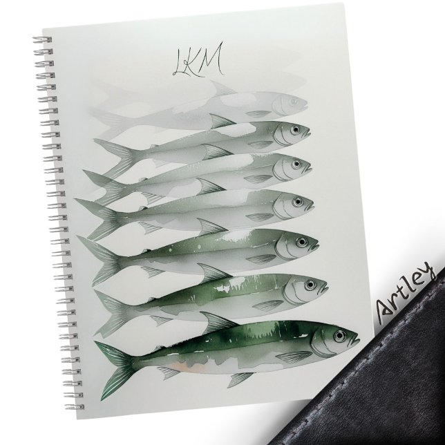 Green Watercolor Sardine Art Custom Monogram Name  Notebook (Creator Uploaded)