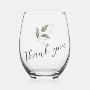 Green Watercolor Script Thank You Wedding Stemless Wine Glass