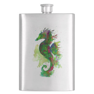 Green Watercolor Seahorse Hip Flask