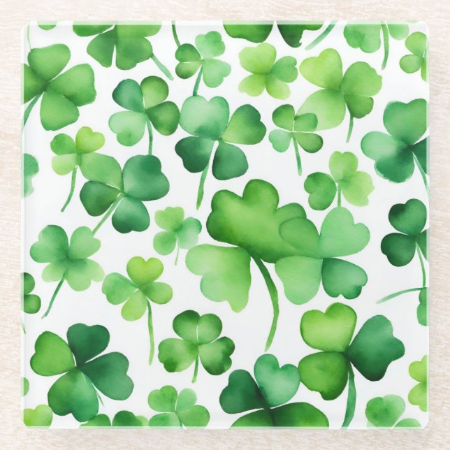 Green Watercolor Shamrock Glass Coaster (Front)