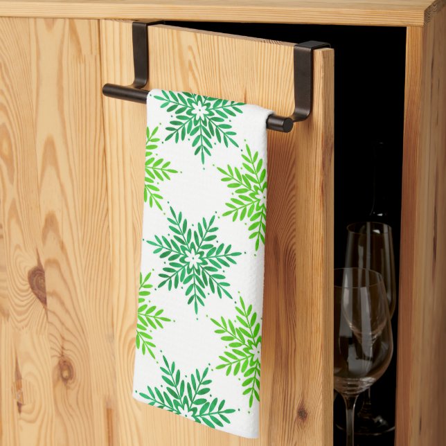 Green Watercolor Snowflake Pattern Tea Towel (Thirds Fold)