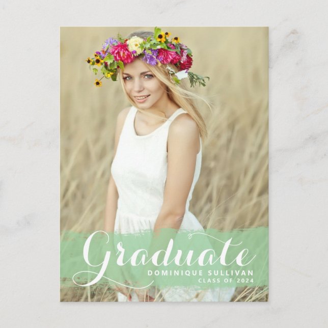 Green Watercolor Splash Photo Graduation Postcard (Front)
