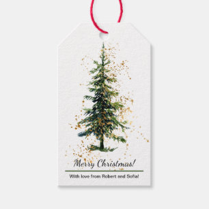 Green Watercolor Spruce Merry Christmas White Gift Tags