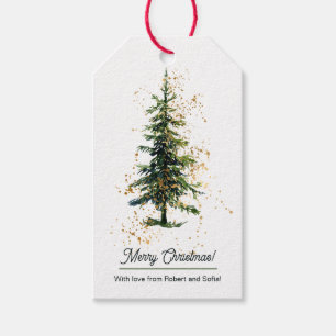 Green Watercolor Spruce Merry Christmas White  Gift Tags