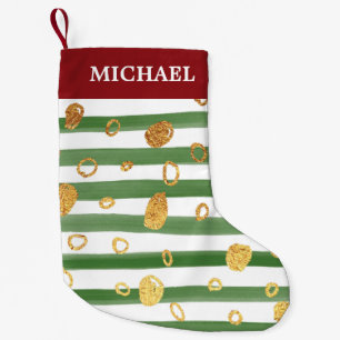 Green Watercolor Stripe Gold Dots Holiday Pattern Small Christmas Stocking