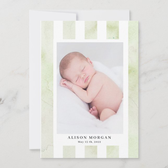 green watercolor stripes modern birth announcement (Front)