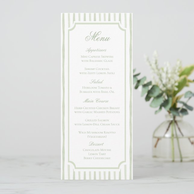 Green Watercolor Stripes Wedding Menu (Standing Front)