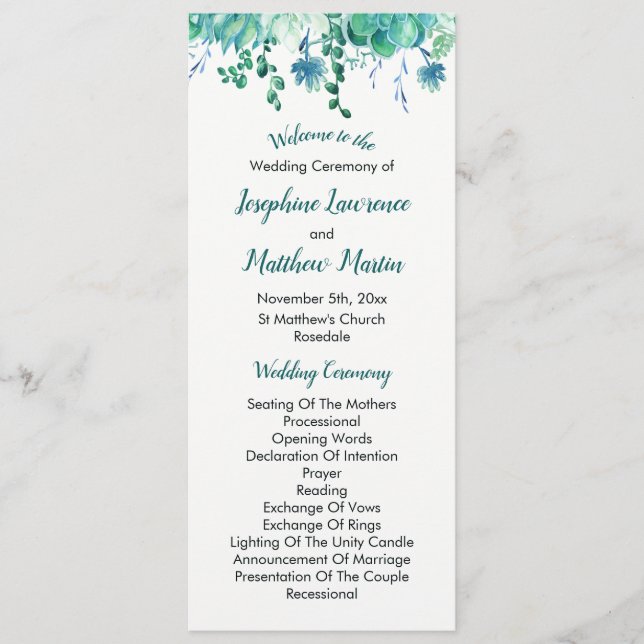 Green Watercolor Succulent Wedding Programs (Front)