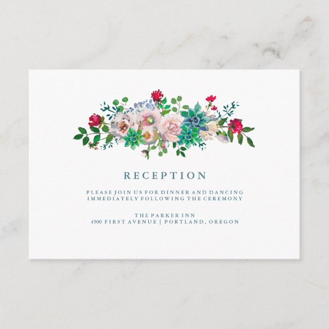 Green Watercolor Succulents and Flowers Reception Enclosure Card (Front)