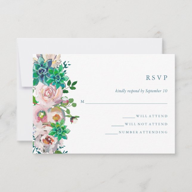 Green Watercolor Succulents and Flowers | RSVP (Front)