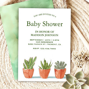 Green Watercolor Succulents Baby Shower Invitation
