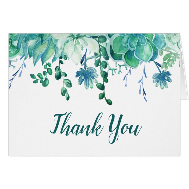 Green Watercolor Succulents Thank You Card (Front Horizontal)