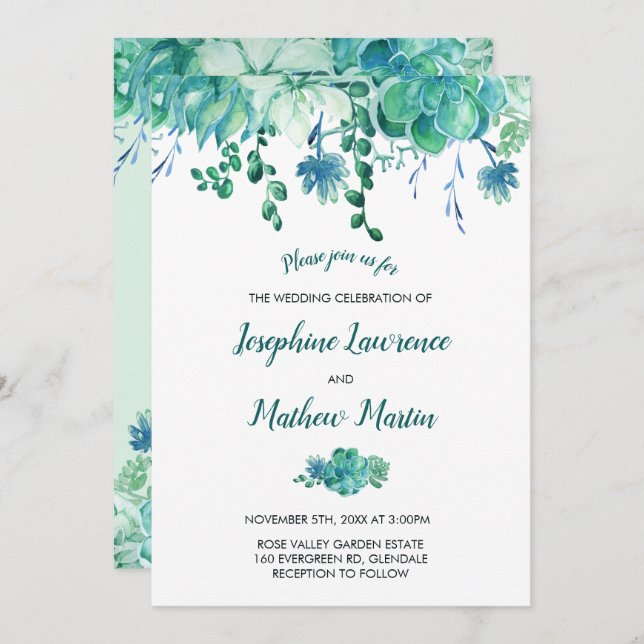 Green Watercolor Succulents Wedding Invitation (Front/Back)