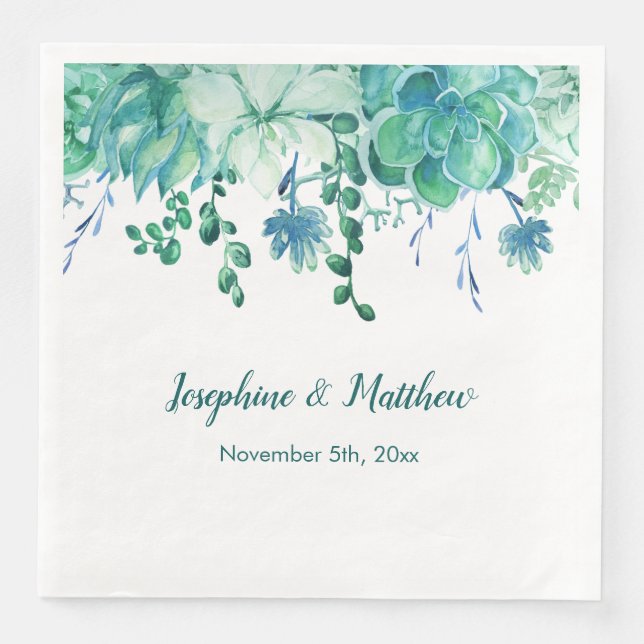 Green Watercolor Succulents Wedding Napkins (Front)
