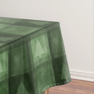 Green Watercolor Texture Plaid And Trees Christmas Tablecloth