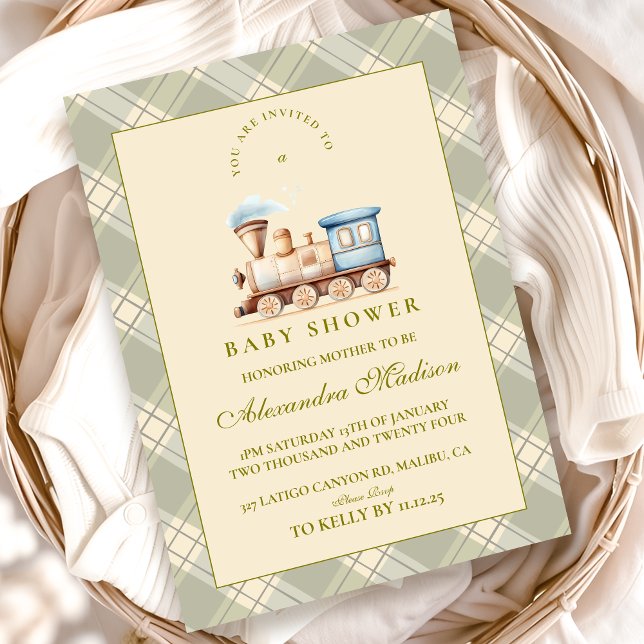 Green Watercolor Train Baby Shower Invitation (Creator Uploaded)