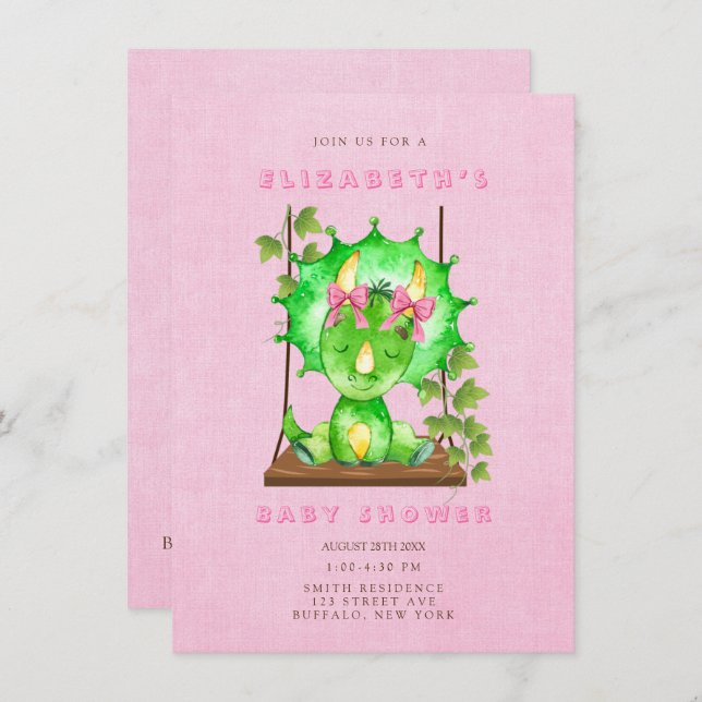 Green Watercolor Triceratops Girl Baby Shower  Invitation (Front/Back)