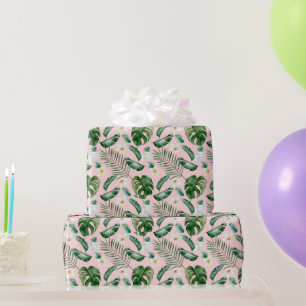 Green Watercolor Tropical Leaves White Flowers Wrapping Paper