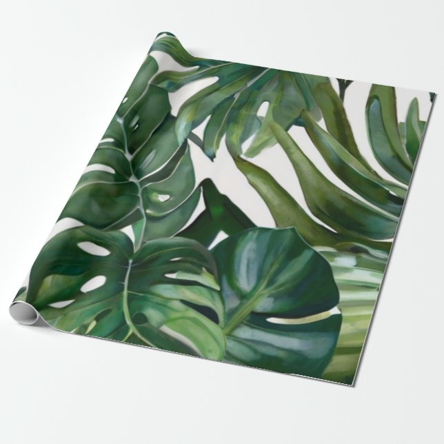 Green Watercolor Tropical Leaves  Wrapping Paper (Unrolled)