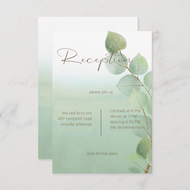 Green Watercolor Wash Eucalyptus Reception Enclosure Card (Front/Back)