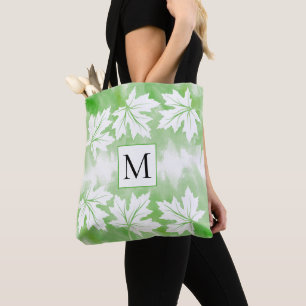 Green watercolor wash maple leaves and monogram tote bag