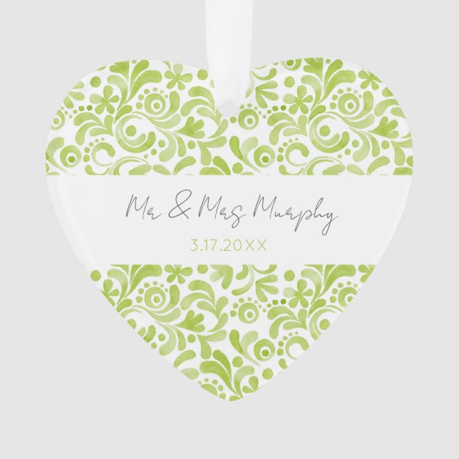Green Watercolor Wedding NAME DATE Sweet Heart Ornament (Front)
