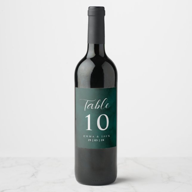 Green Watercolor Wedding Table Number Wine Label (Front)