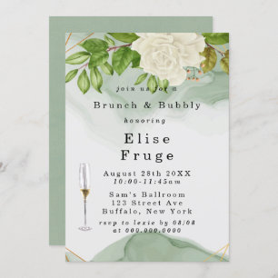 Green Watercolor White Roses Brunch & Bubbly Invitation