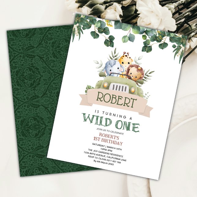 Green Watercolor Wild One Jungle Safari Birthday  Invitation (Creator Uploaded)