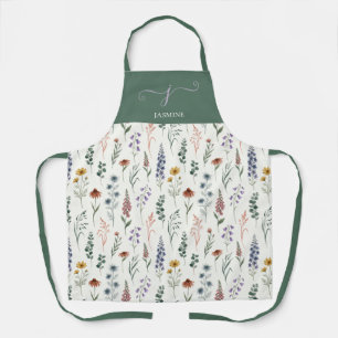 Green Watercolor Wildflower Boho Monogram Name Apron