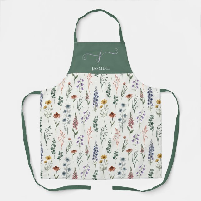 Green Watercolor Wildflower Boho Monogram Name Apron (Front)