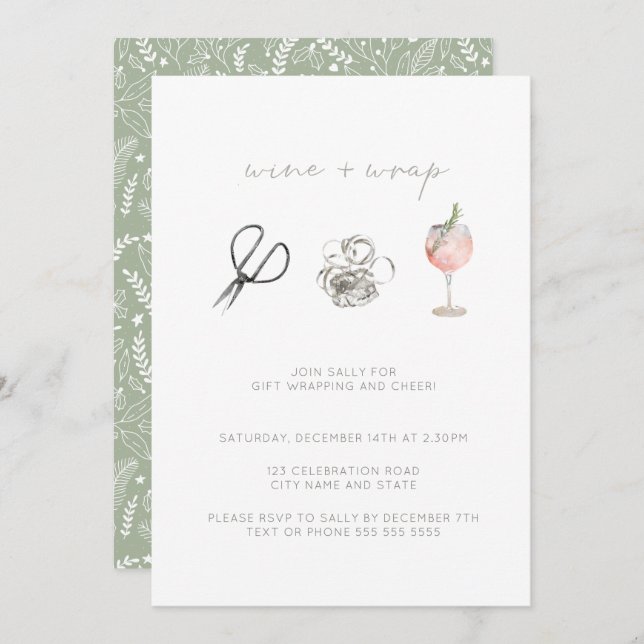 Green Watercolor Wine Wrap Christmas Holiday Party Invitation (Front/Back)