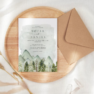 Green Watercolor Winter Mountain Trees Wedding Invitation
