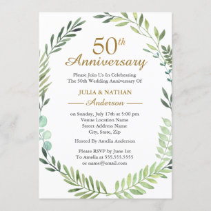Green Watercolor Wreath 50th Wedding Anniversary Invitation