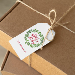 Green watercolor wreath happiest holidays gift tags