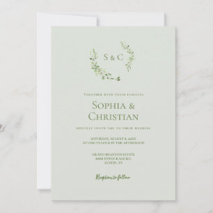Green Watercolor Wreath Monogram Wedding Invitation