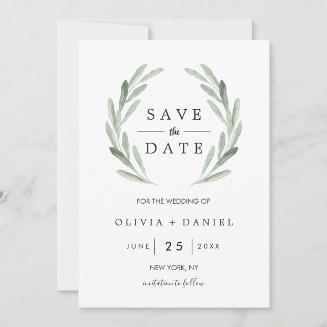 Green Watercolor Wreath Wedding Save the Date (Front)