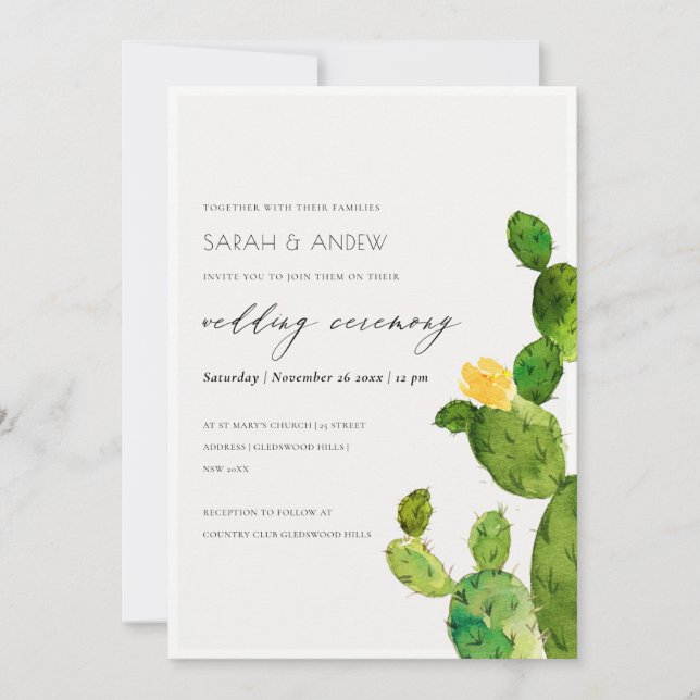 GREEN WATERCOLOUR DESERT CACTUS FLOWER  ENGAGEMENT INVITATION (Front)