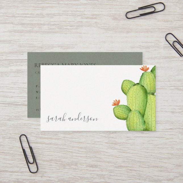 GREEN WATERCOLOUR DESERT CACTUS FLOWER  MONOGRAM BUSINESS CARD (Front/Back In Situ)