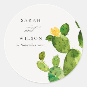 GREEN WATERCOLOUR DESERT CACTUS FLOWER  MONOGRAM CLASSIC ROUND STICKER