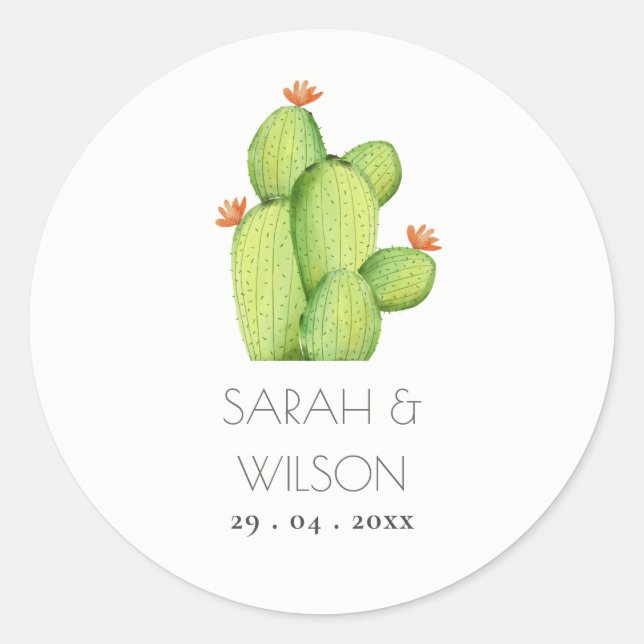GREEN WATERCOLOUR DESERT CACTUS FLOWER  MONOGRAM CLASSIC ROUND STICKER (Front)
