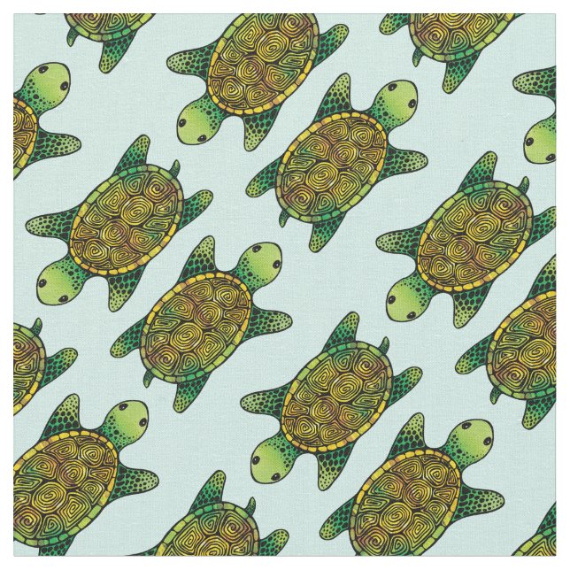 Green Watercolour Ink Drawn Turtle Pattern Fabric (Close Up)